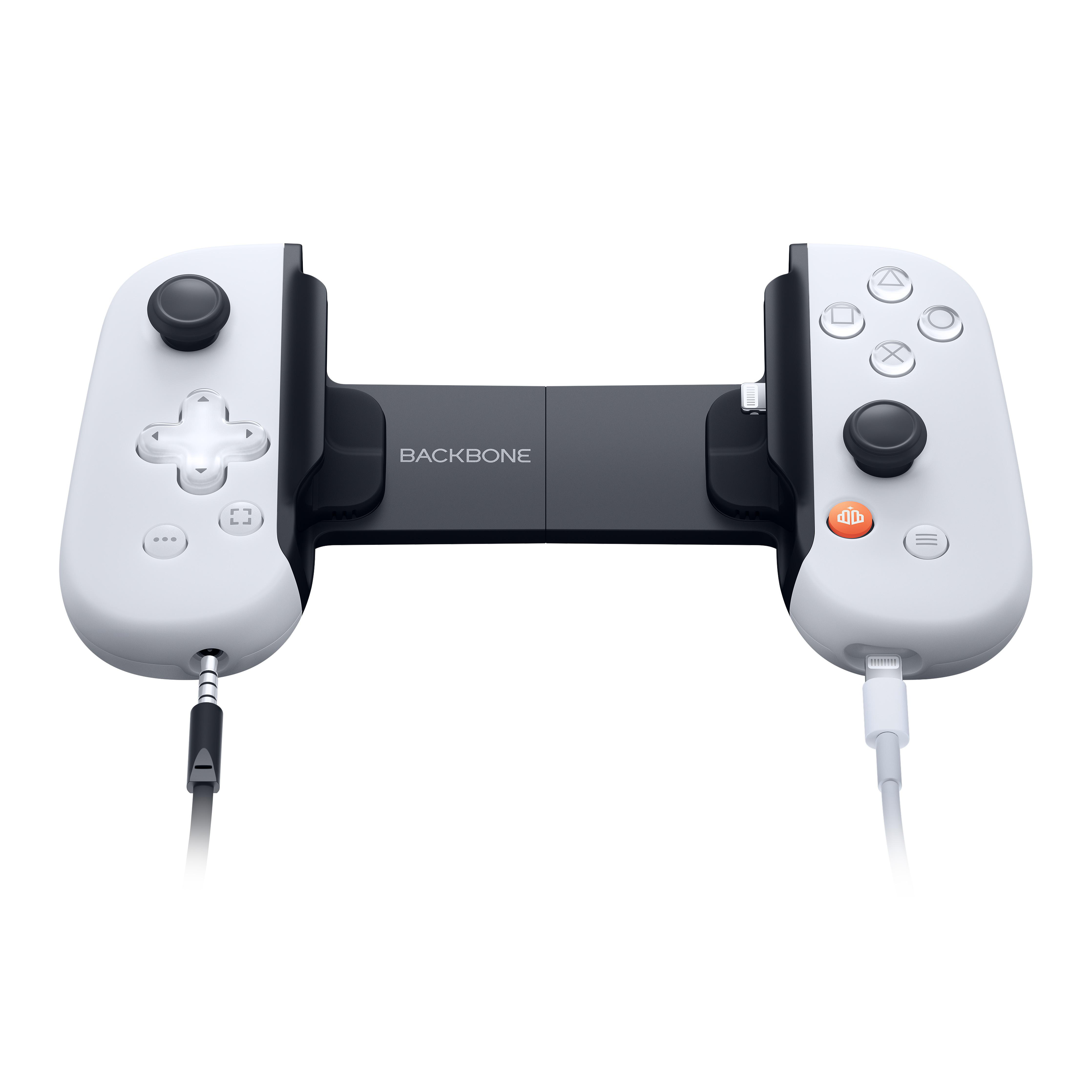 Ein weiß-schwarzer Backbone-Controller mit Kopfhöreranschluss und Ladeanschluss.