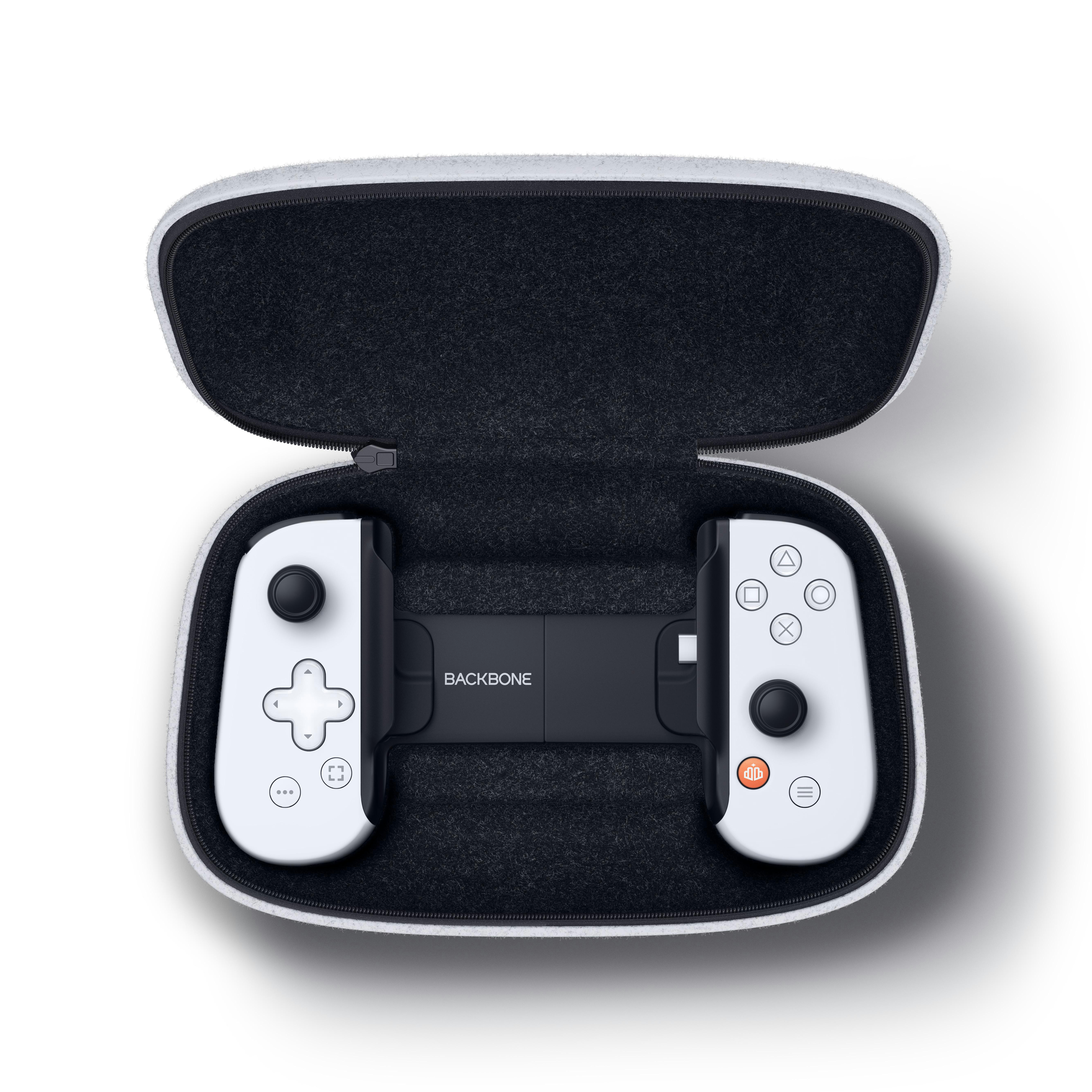 Weiß-schwarzer Backbone-Controller in einem offenen grauen Gehäuse, mit sichtbaren Controller-Tasten.