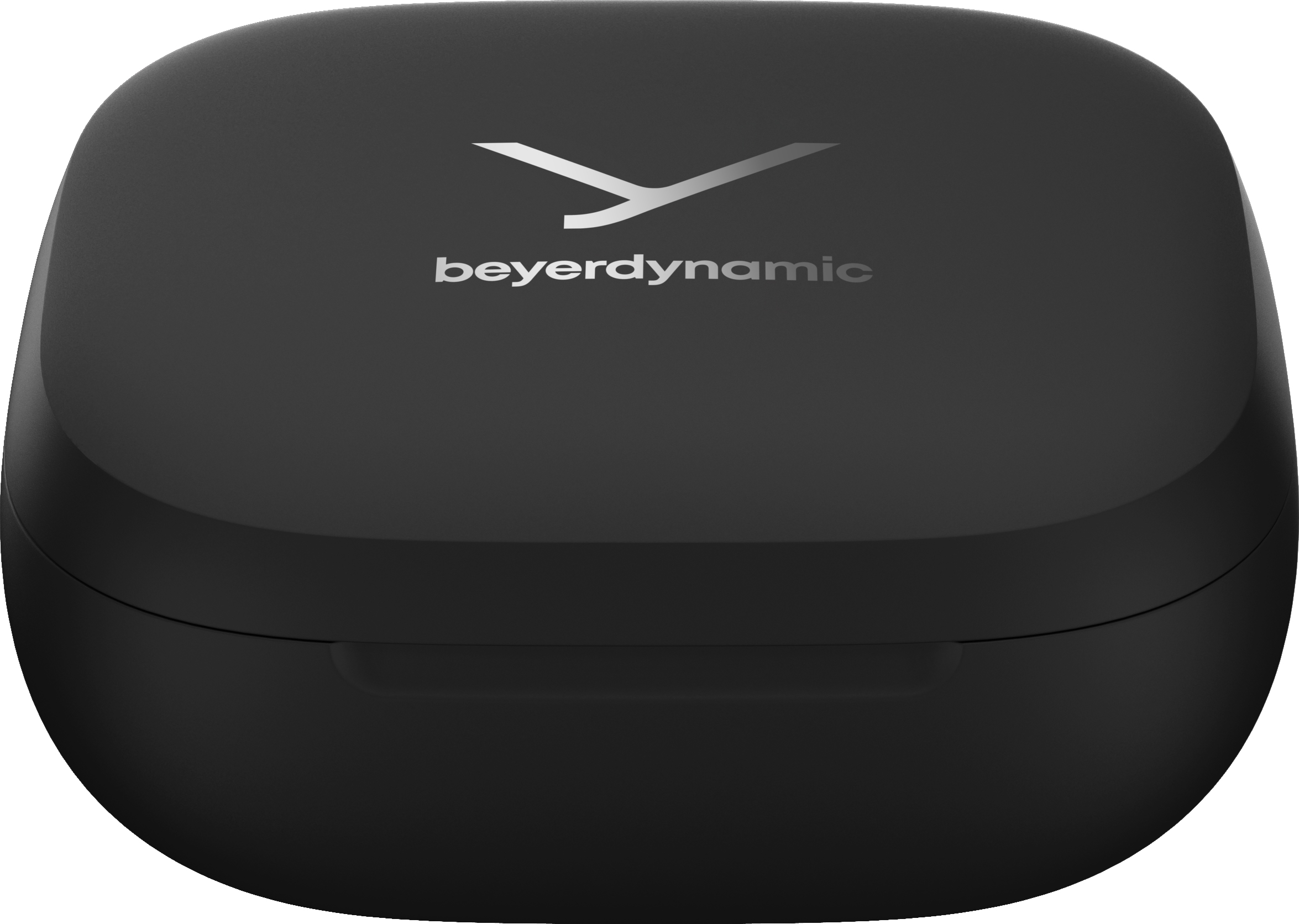 Ein schwarzes, rechteckiges Ladecase für Ohrhörer, mit dem Markennamen 'beyerdynamic' oben.