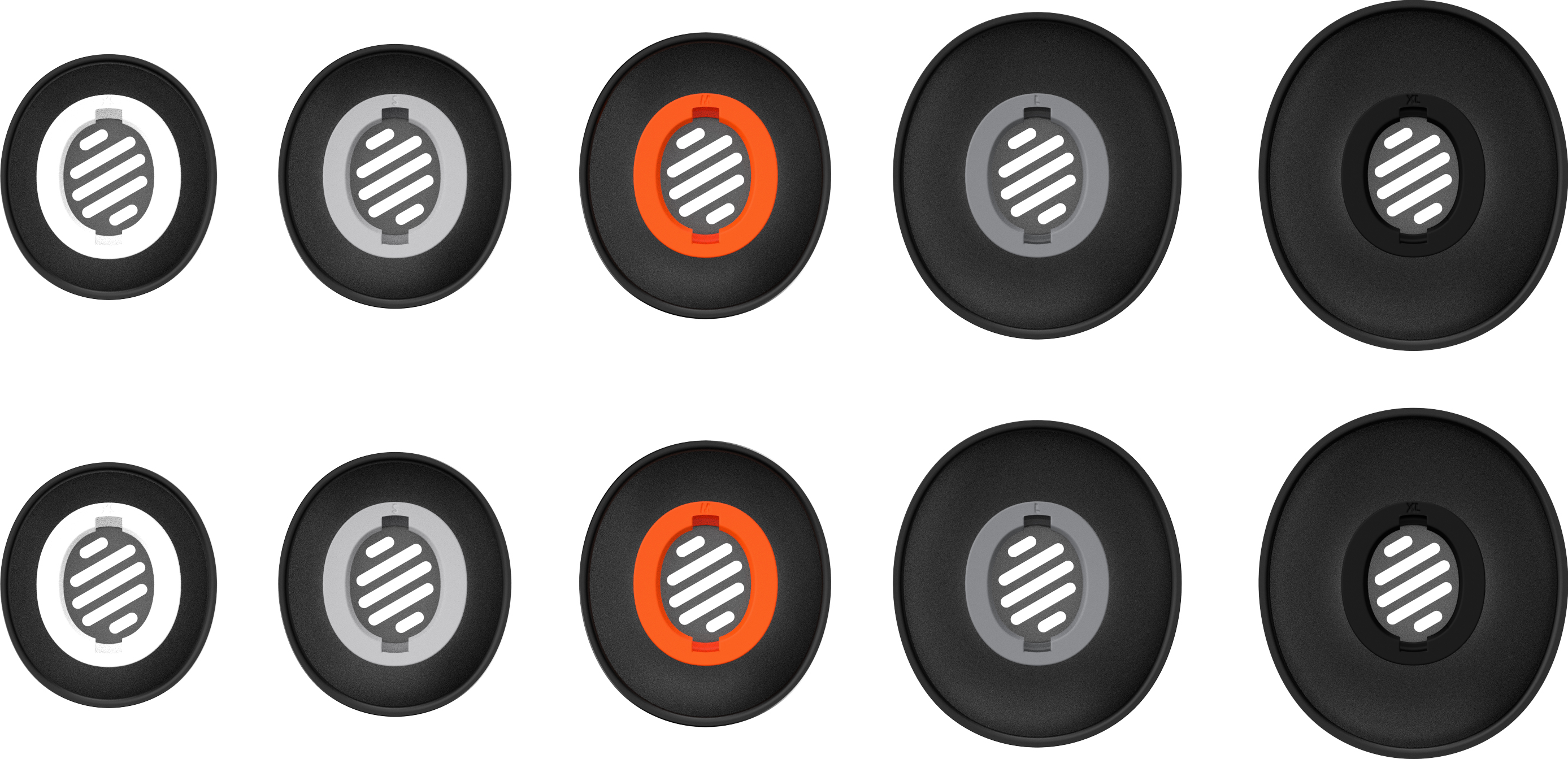 Mehrere Ohrpolster in kreisförmiger Anordnung. Einige sind weiß, einige haben orangefarbene Ringe, alle sind schwarz.