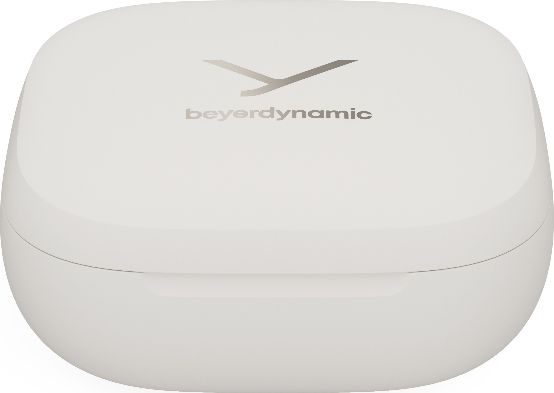 Weißes Ohrhörer-Ladeetui mit dem Logo 'beyerdynamic'.