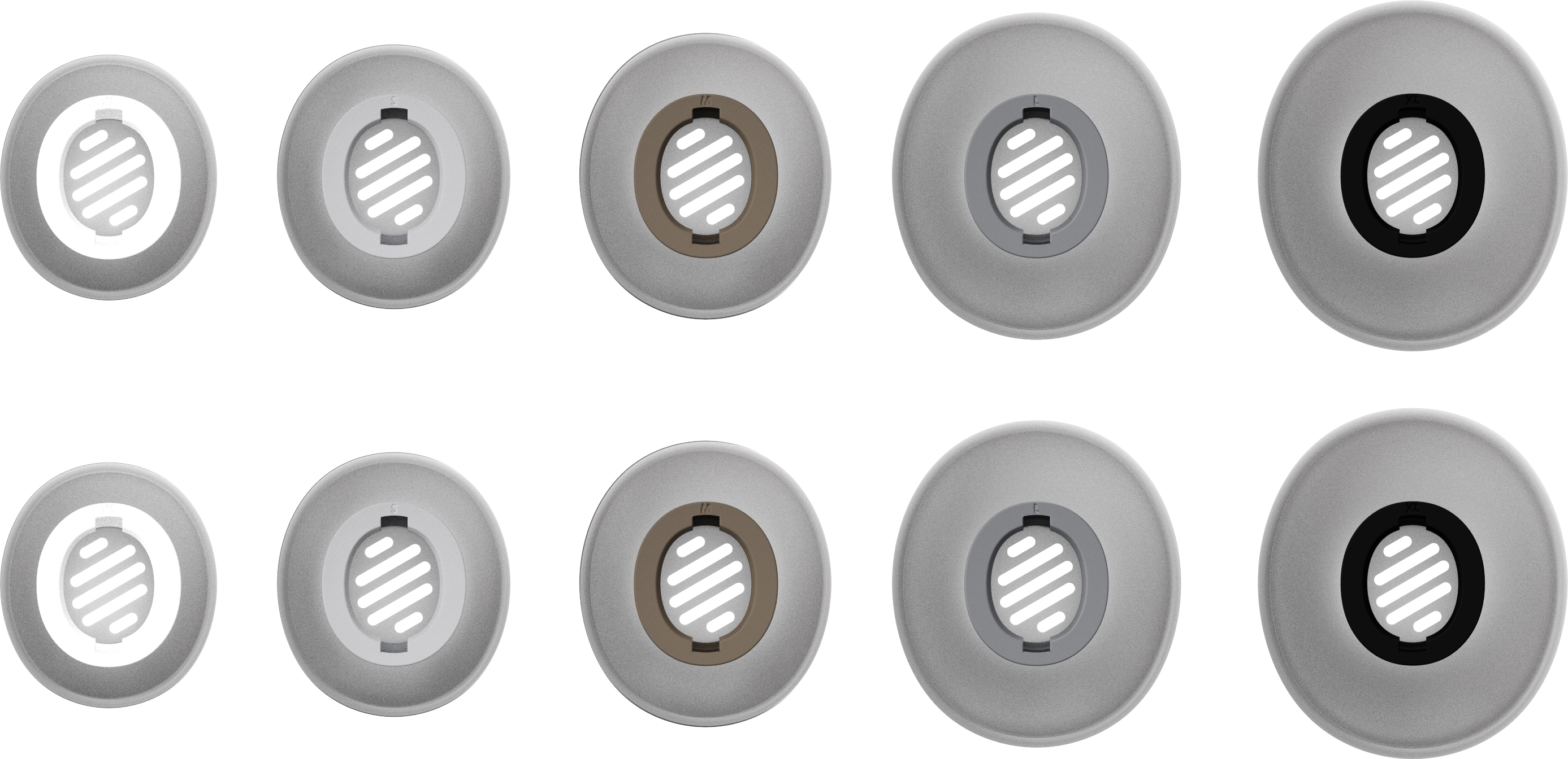 Neun graue, kreisförmige Ohrhörer-Spitzen werden angezeigt. Die Spitzen haben verschiedene innere Gitterdesigns und Gummiringe.