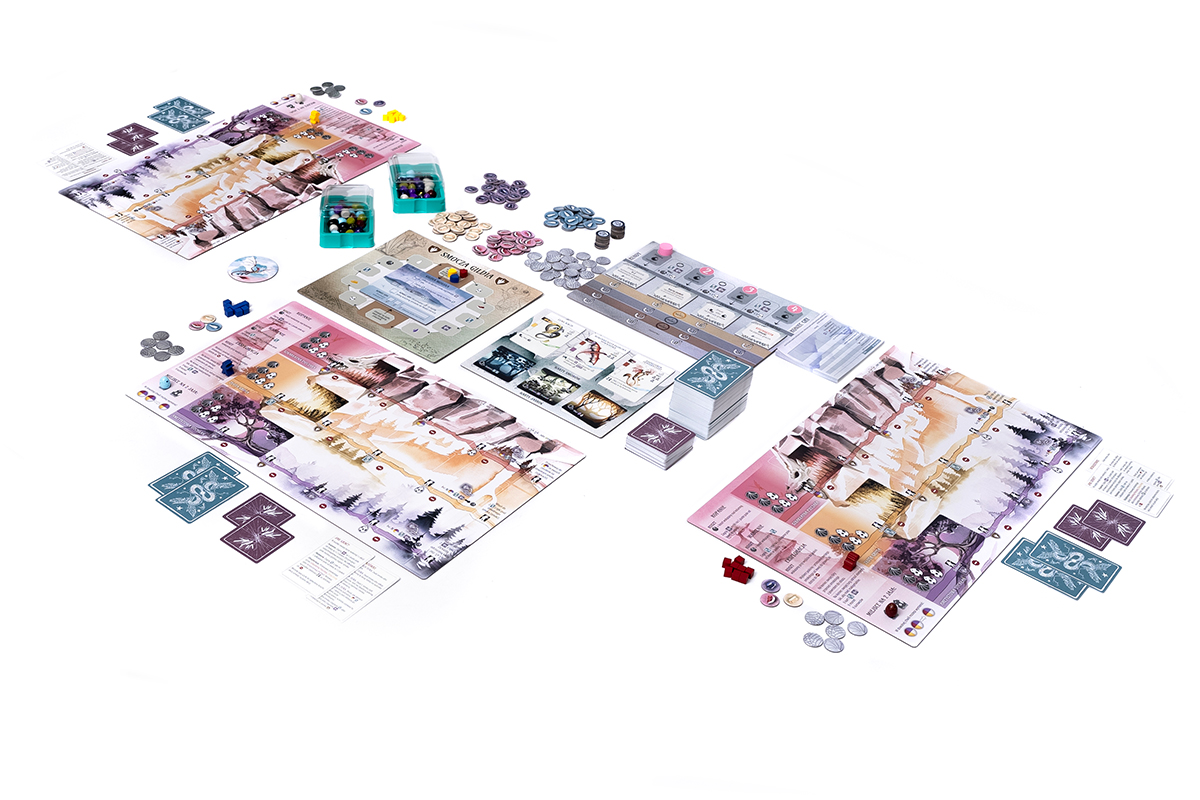 Gra planszowa ustawiona z różnymi elementami i planszami.