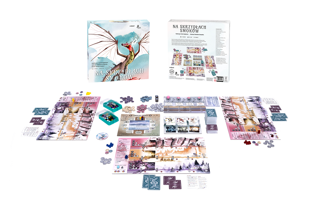 Gra planszowa ze sztuką smoka na pudełku, elementami gry i planszą. Tekst w języku polskim widoczny.