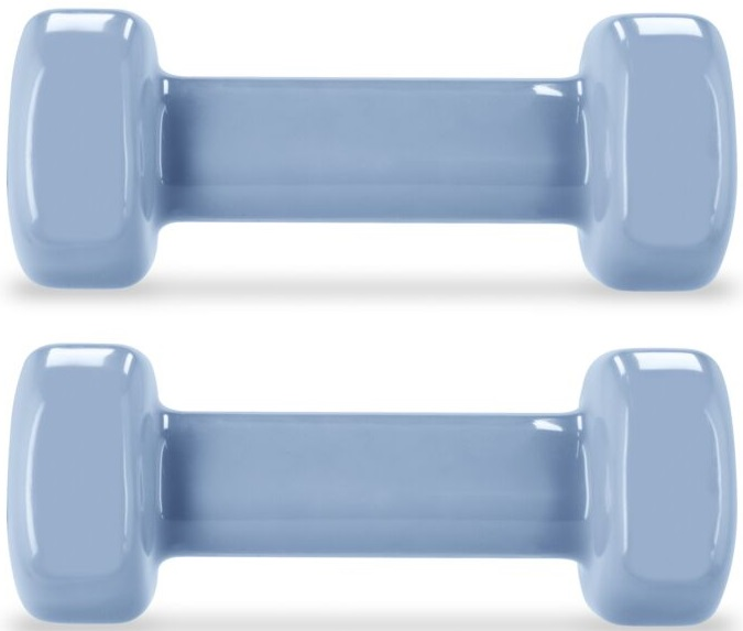 Dwie niebieskie hantle na białym tle. Hantle są identyczne i prezentowane obok siebie.