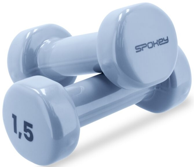 Dwie niebieskie hantle z numerem 1,5. Marka to Spokey.