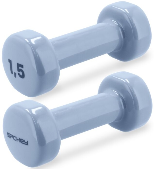 Dwie jasnoniebieskie hantle z numerem '1,5' i marką 'Spokey'.