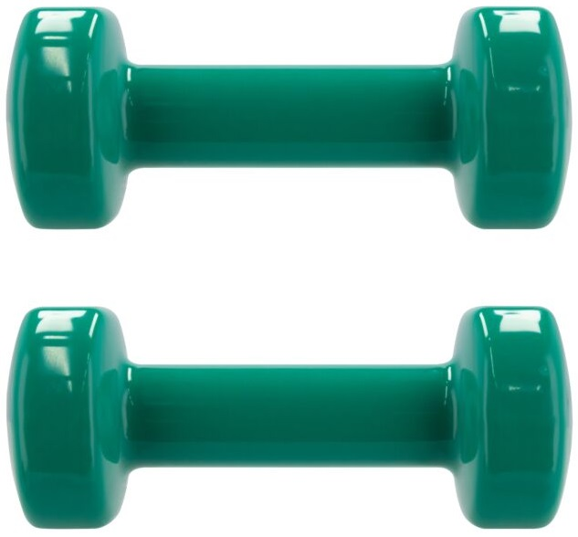 Dwie zielone hantle na białym tle. Są w pozycji poziomej.