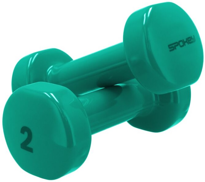 Dwie turkusowe hantle na białym tle. Jedna spoczywa na drugiej.