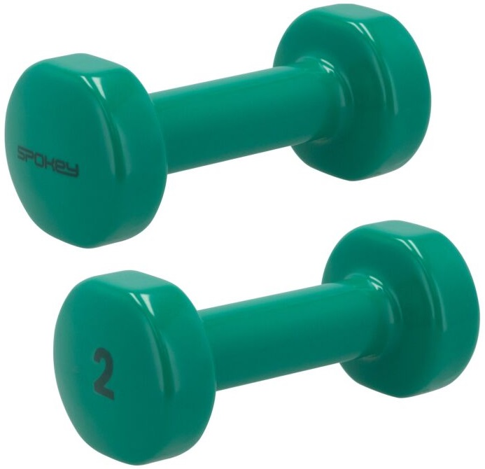 Dwie zielone hantle z logo 'Spokey' po lewej i numerem 2 po prawej.