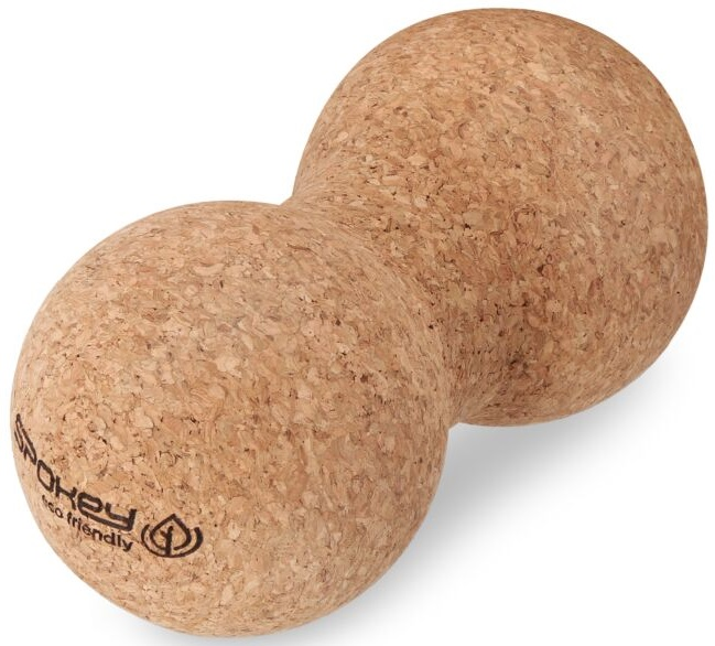 Korkowa piłka do masażu w kształcie orzeszka ziemnego z marką Spokey i logo ekologicznym.