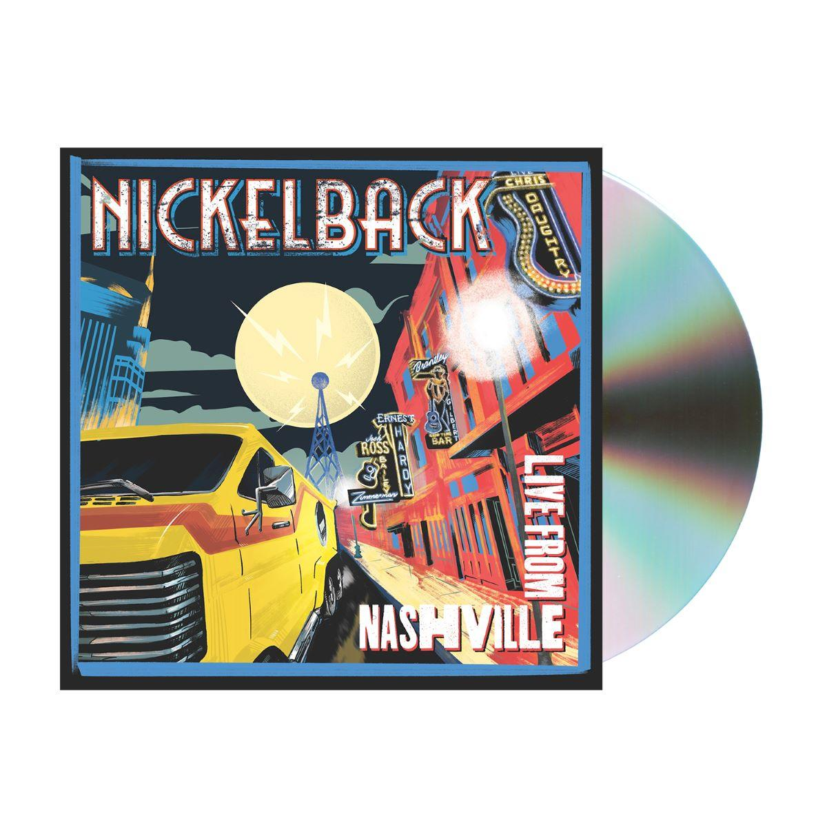 La pochette de l'album de Nickelback montre une camionnette jaune, des bâtiments de la ville et la pleine lune.