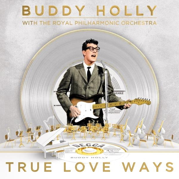 Albumhoes met Buddy Holly, een plaat en muziekinstrumenten.