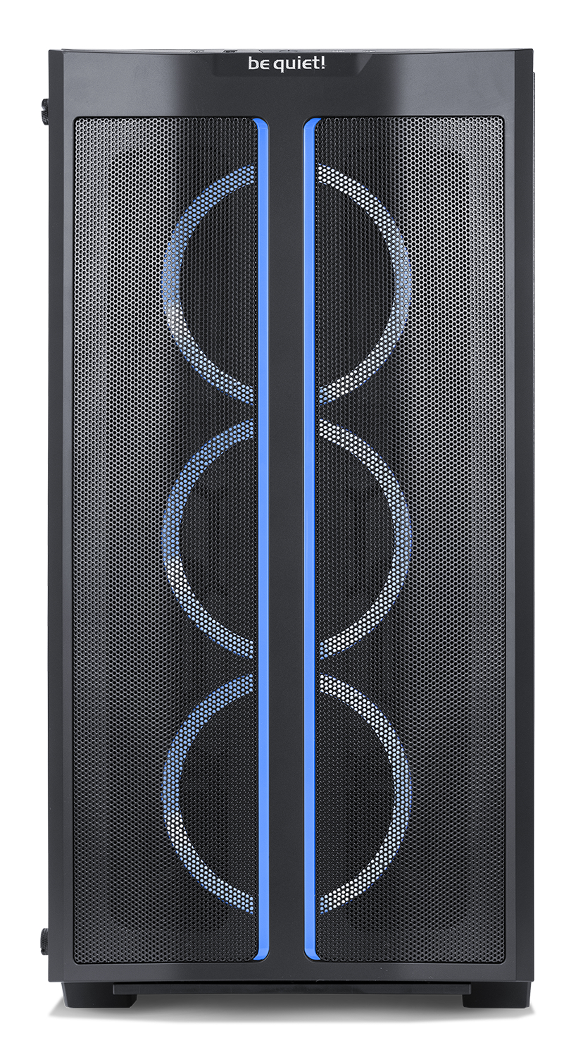 Schwarzes Computergehäuse mit Mesh-Front und blau beleuchteten Lüftern. Text: sei ruhig!