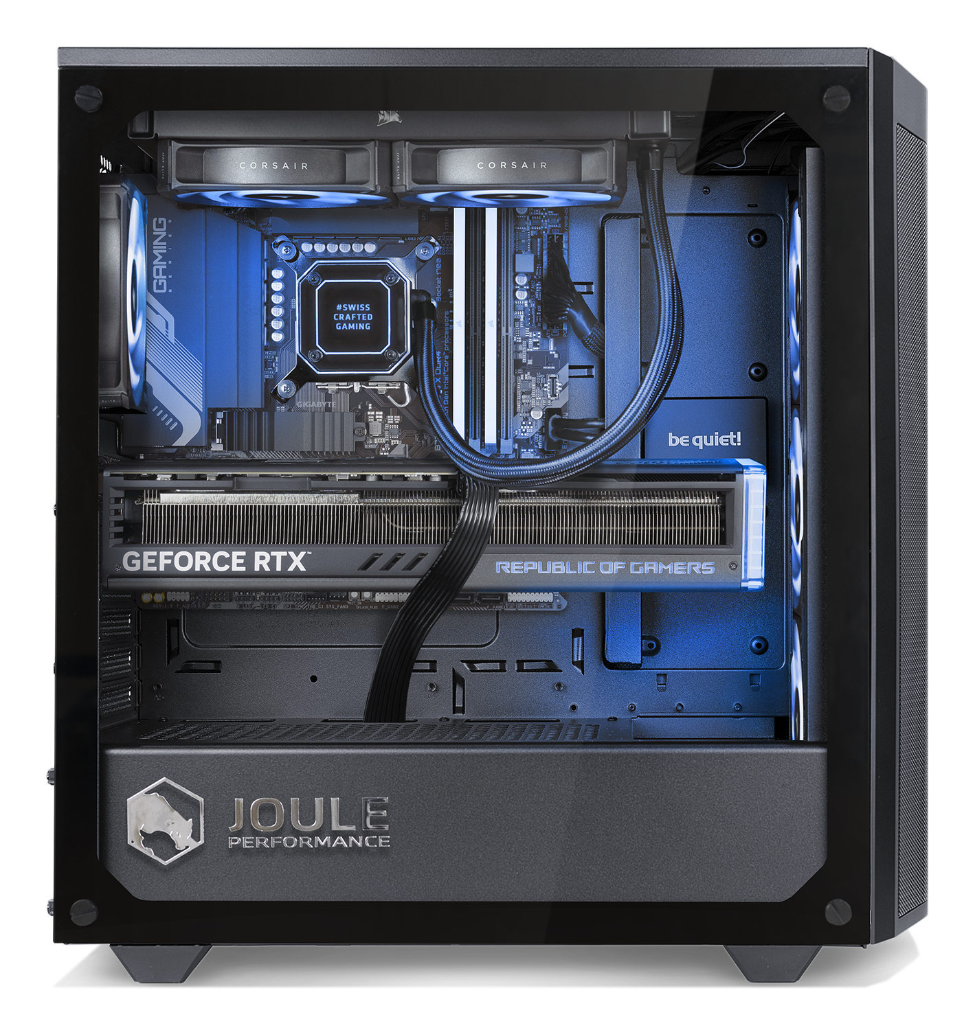 Computergehäuse mit Komponenten: CPU, GPU, Lüfter und Beleuchtung. Schwarzes Gehäuse mit Glasplatte.