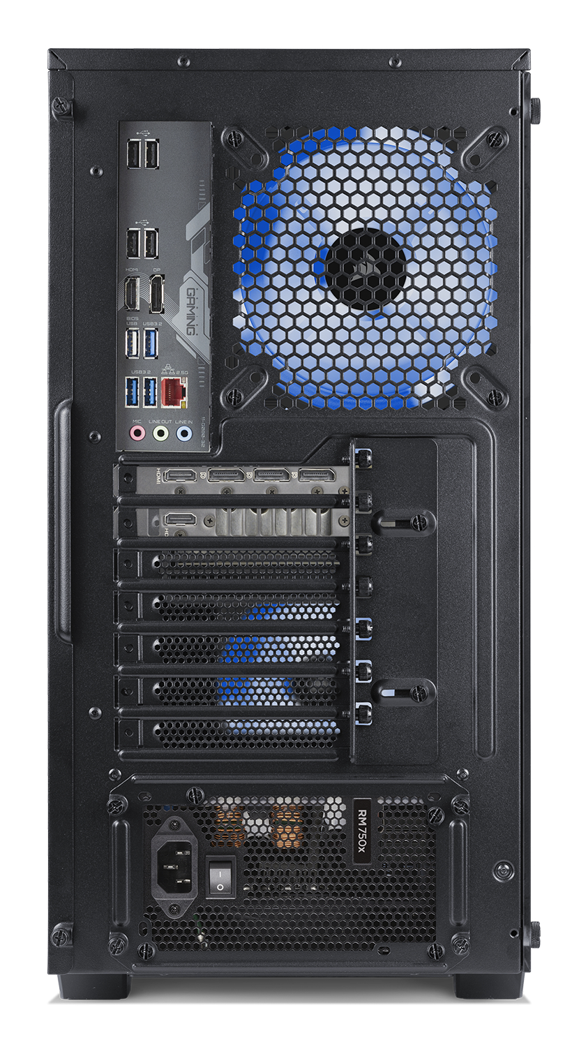 Rückseite eines Computergehäuses mit Anschlüssen, Lüfter und Netzteil.