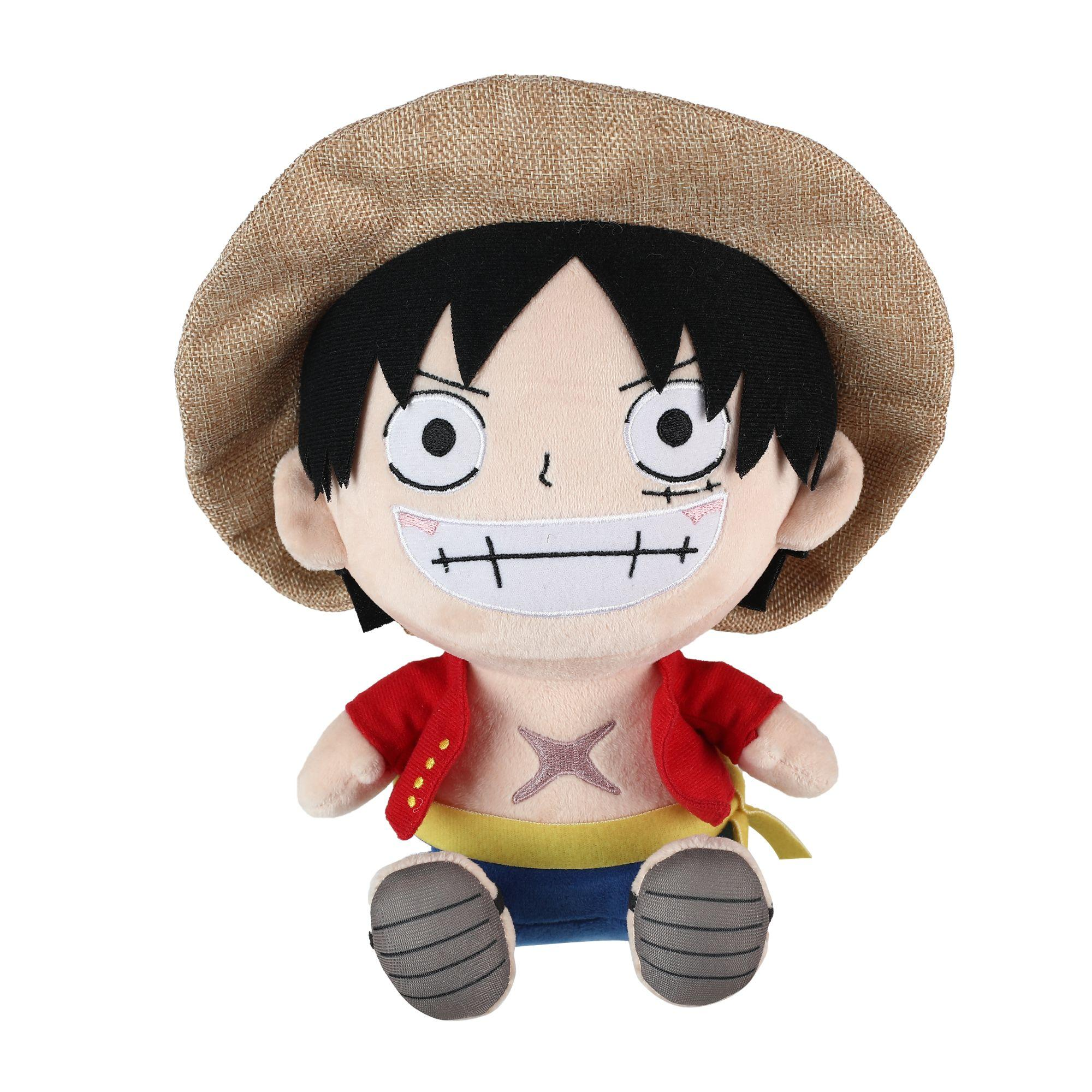 Ein Plüschtier von Ruffy aus One Piece. Er hat einen Strohhut und ein breites Lächeln.