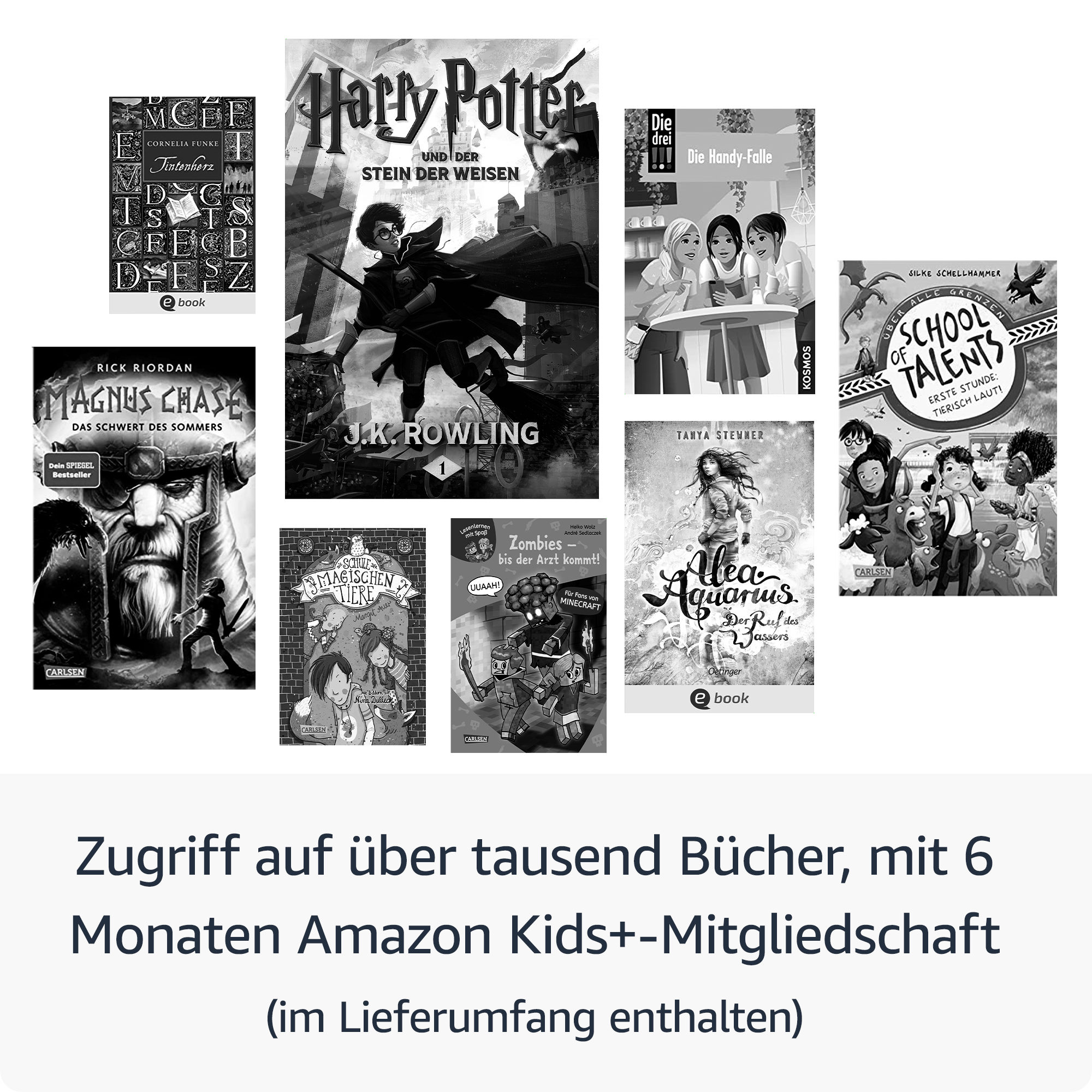 Sortiment von Buchcovern mit Titeln wie Harry Potter und Die drei. Text unten: Zugang zu über tausend Büchern.