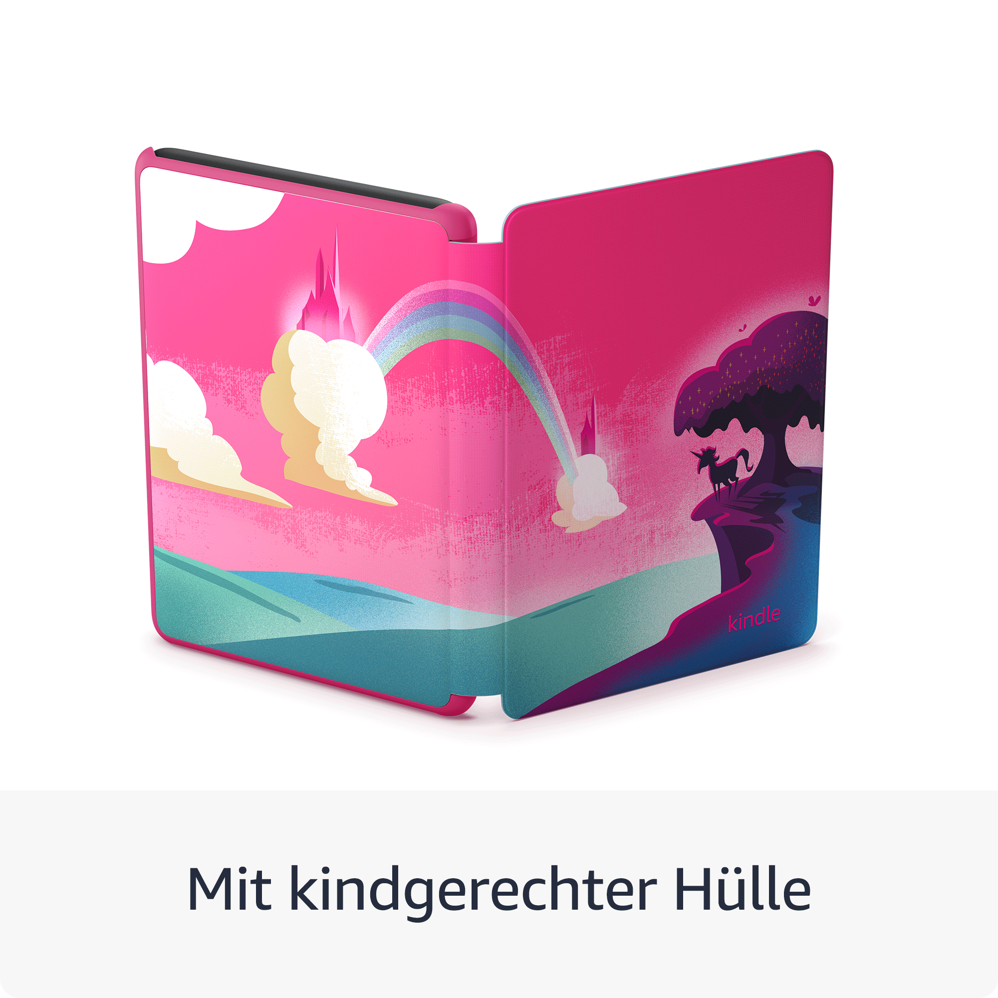 Offene pinkfarbene Kindle-Hülle mit Cartoon-Schloss- und Regenbogen-Design, mit „Kindle“ beschriftet.