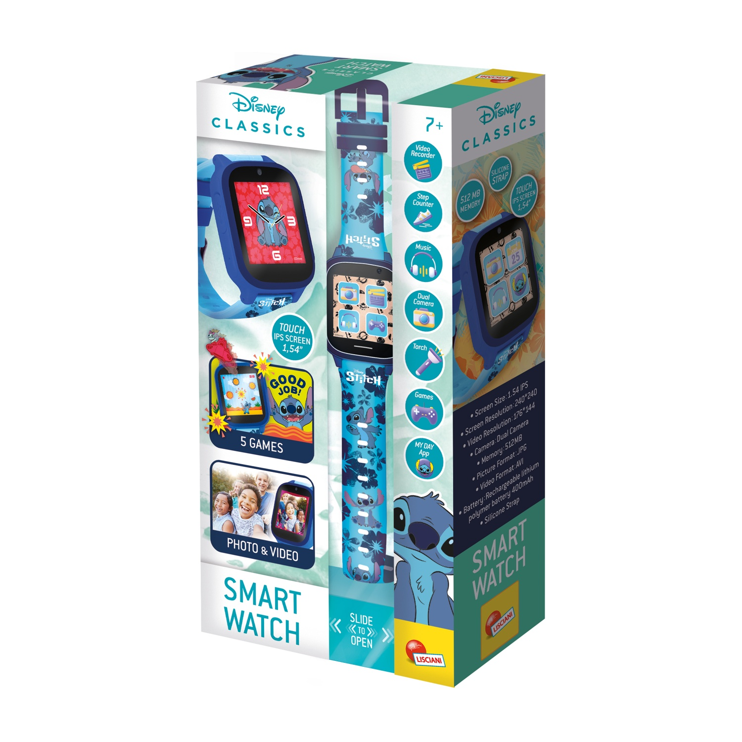 Una confezione di smartwatch Disney Stitch. La scatola mostra uno smartwatch e illustrazioni di Stitch.