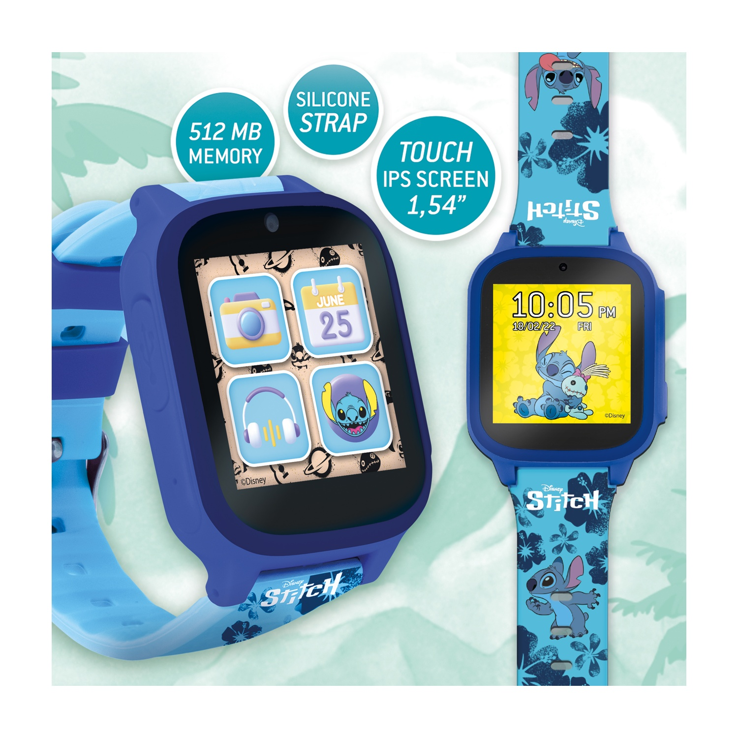 Uno smartwatch Disney Stitch blu con cinturino blu. Lo schermo mostra immagini e l'ora.