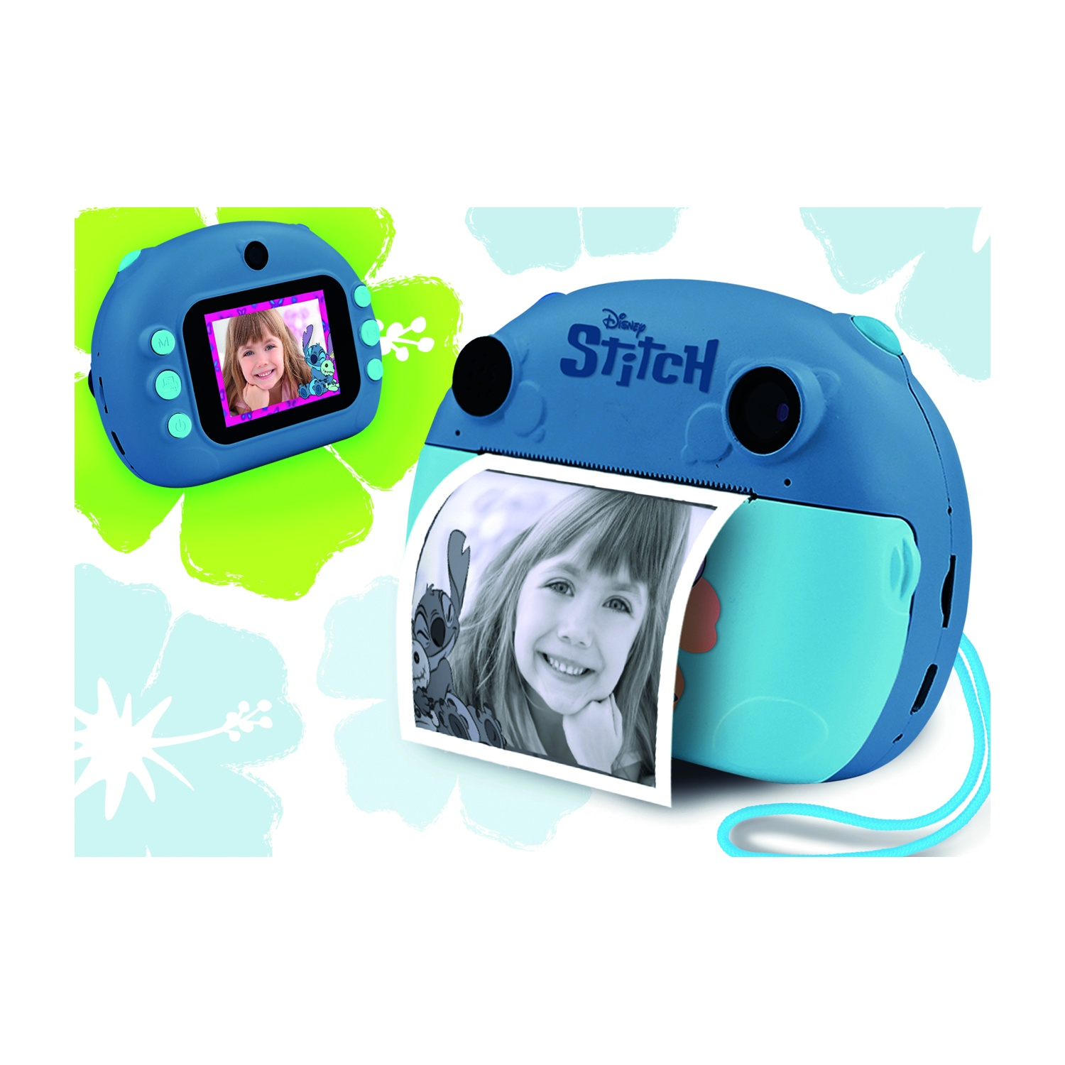 Fotocamera Stitch blu con schermo e foto stampata, sfondo floreale azzurro.
