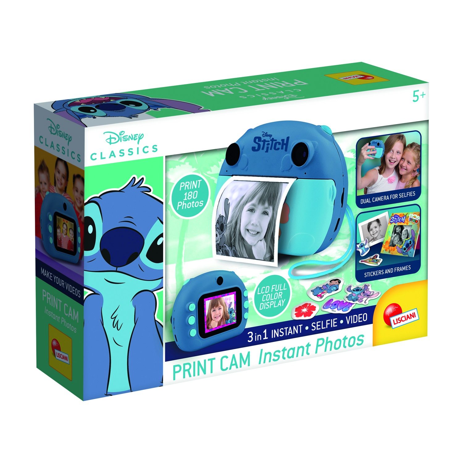 Scatola Print Cam con personaggio Stitch. Mostra stampa di foto e doppia fotocamera.