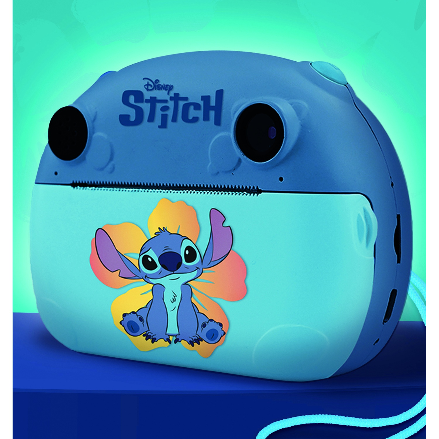 Fotocamera a tema Stitch in blu e celeste con immagine di Stitch.