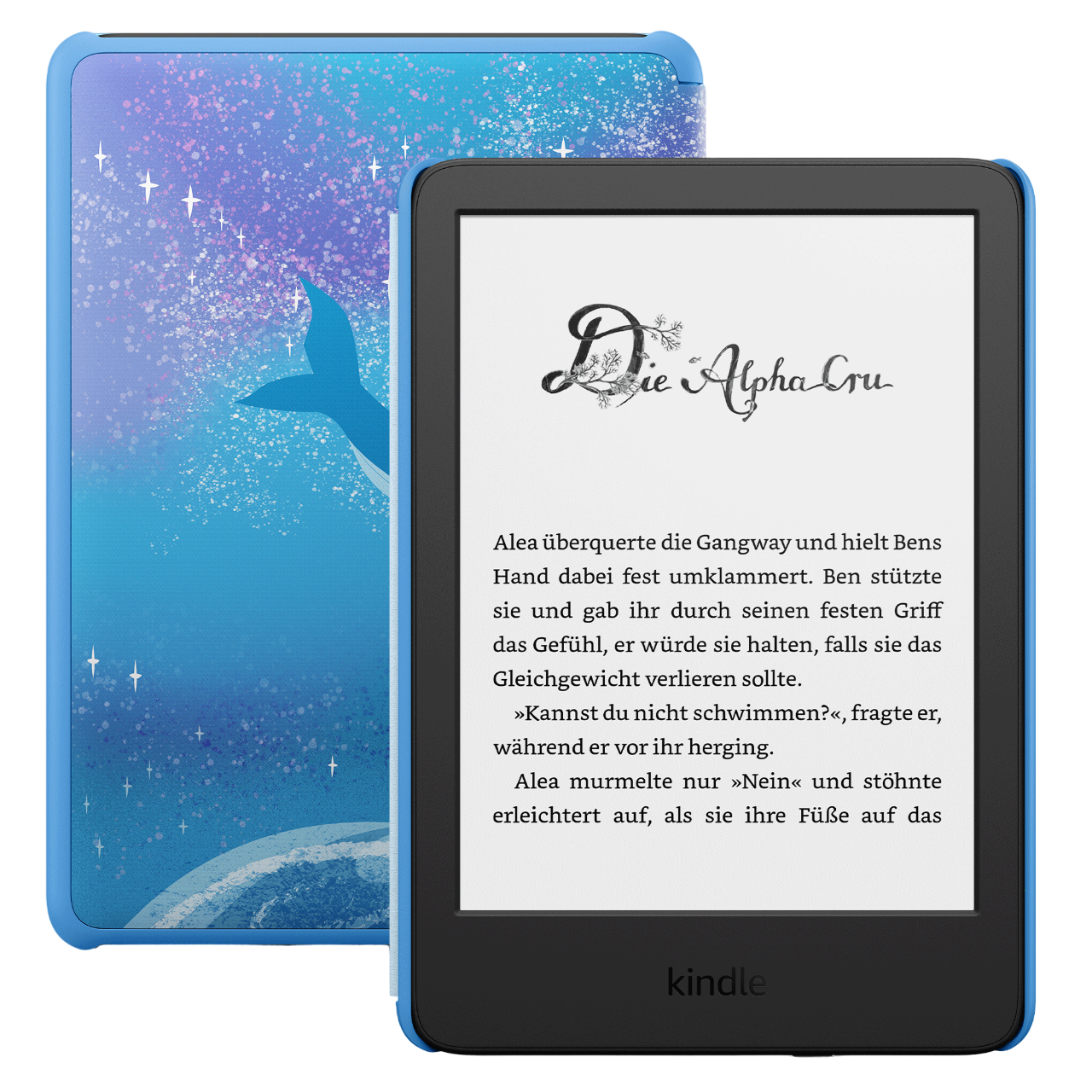 Kindle E-Reader und Hülle. Die Hülle hat blaues Design mit Wal. Bildschirm zeigt Text.