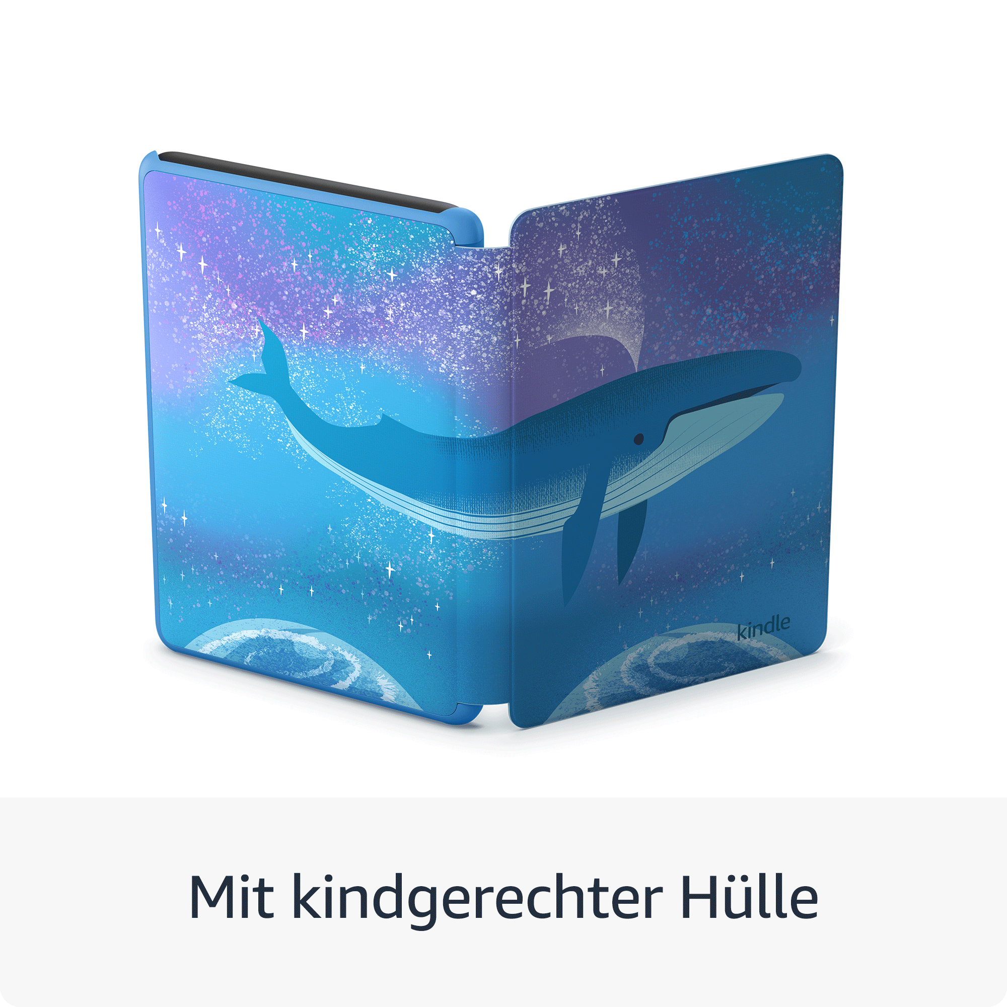Kindle-Hülle mit Wal-Illustration. Die Hülle ist geöffnet. Der Text 'Mit kindgerechter Hülle' ist sichtbar.