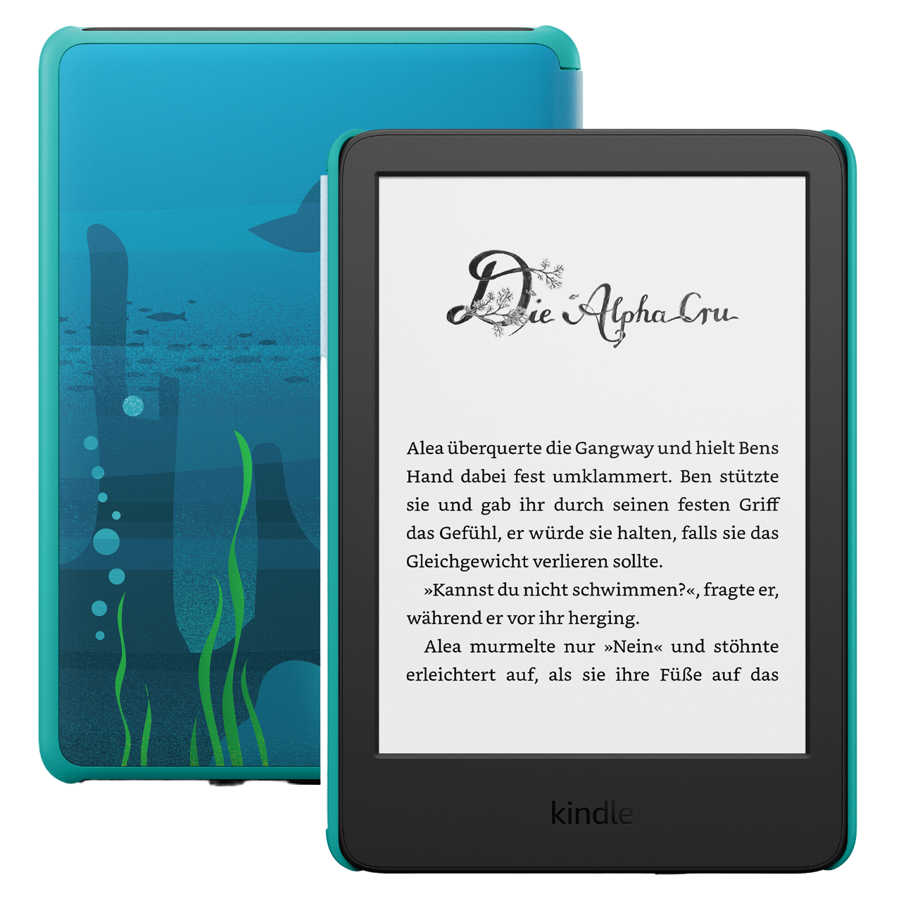 Kindle E-Reader mit blauem Cover, das einen Buchausschnitt zeigt.