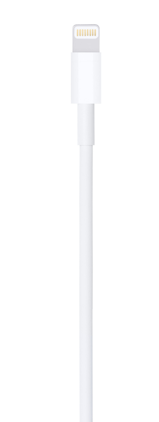 Biały kabel Lightning do iPhone'a, na białym tle, zbliżenie.