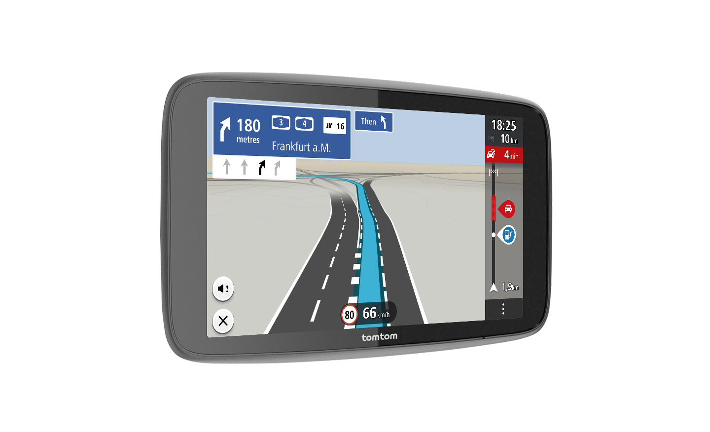 GPS-Gerät zeigt eine Route. Der Bildschirm zeigt eine Karte, Geschwindigkeit und Entfernung.