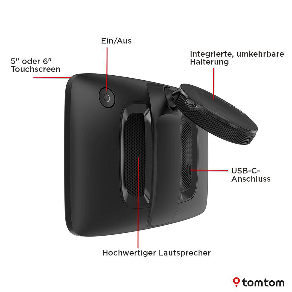 Schwarzes GPS-Gerät mit Touchscreen, Ein/Aus-Taste und beschrifteten Funktionen, mit TomTom-Logo.