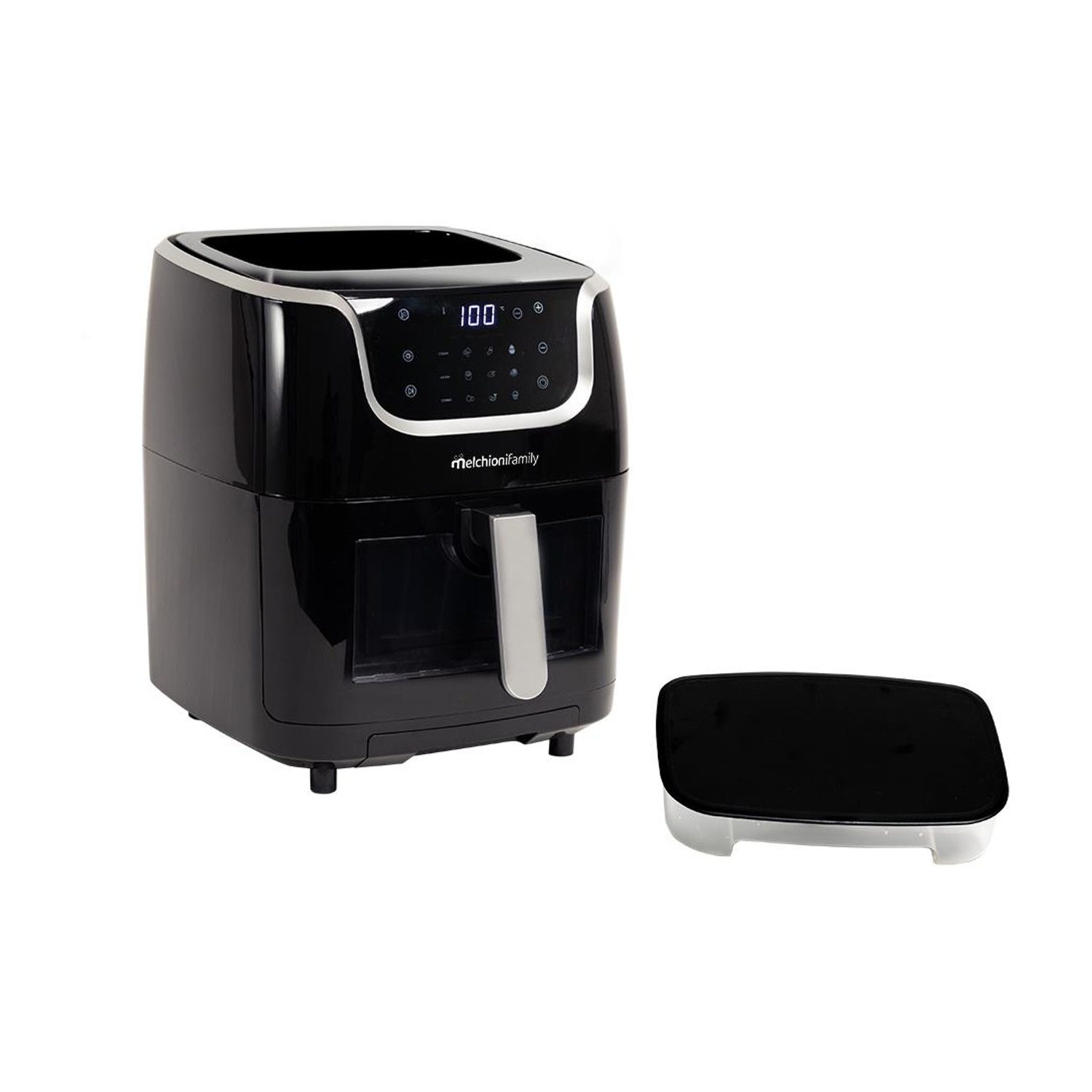 Una friggitrice ad aria nera con display digitale e base nera staccabile.