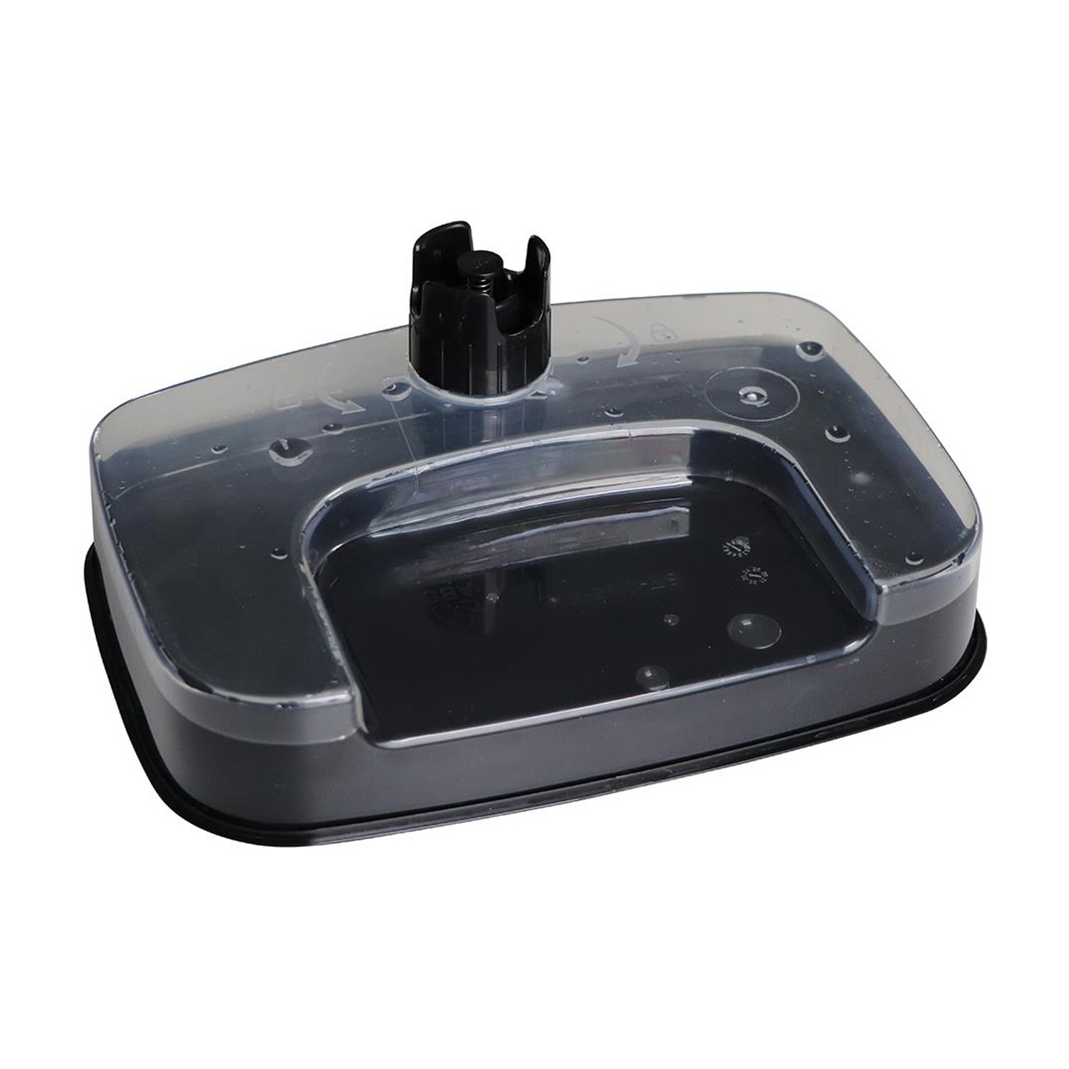 Contenitore di plastica nero con coperchio trasparente e attacco nero.