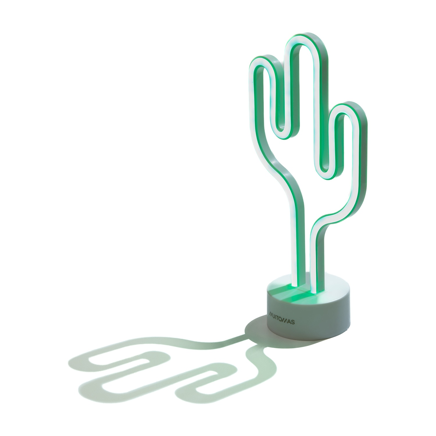 Luce cactus al neon verde su base bianca. Ombra visibile.