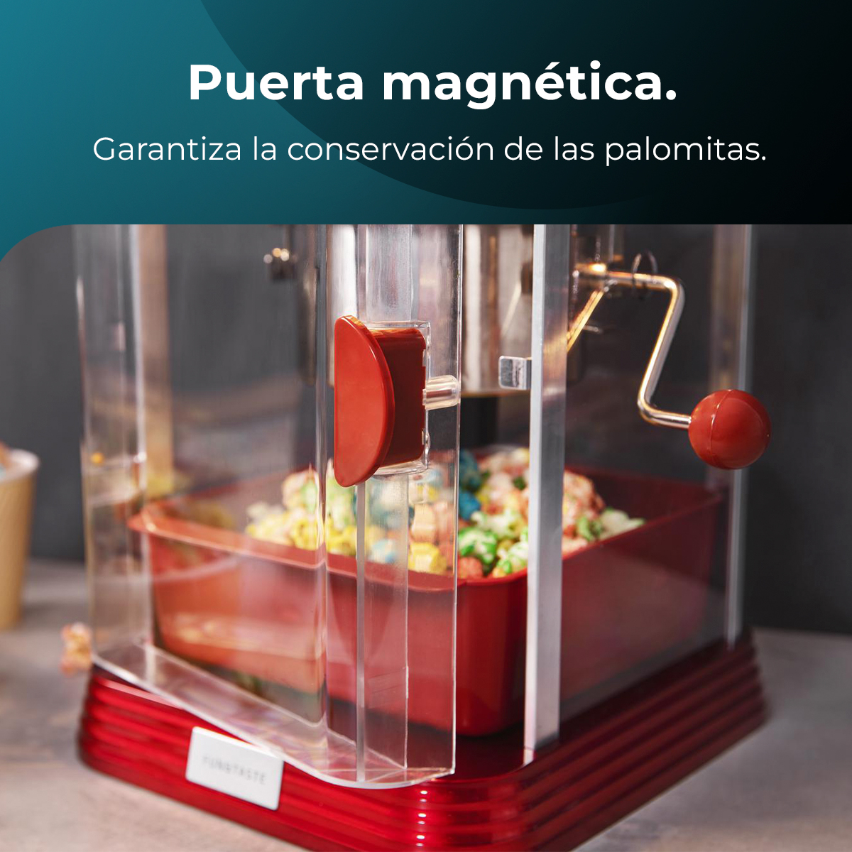 Máquina de palomitas con texto: Puerta magnética. Garantiza la conservación de las palomitas.