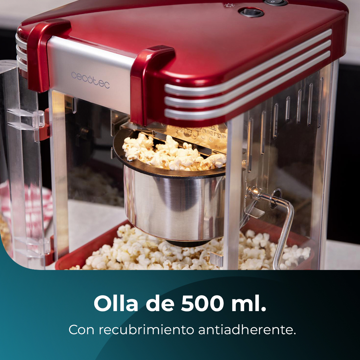 Máquina de palomitas roja con palomitas dentro, texto en la parte inferior.