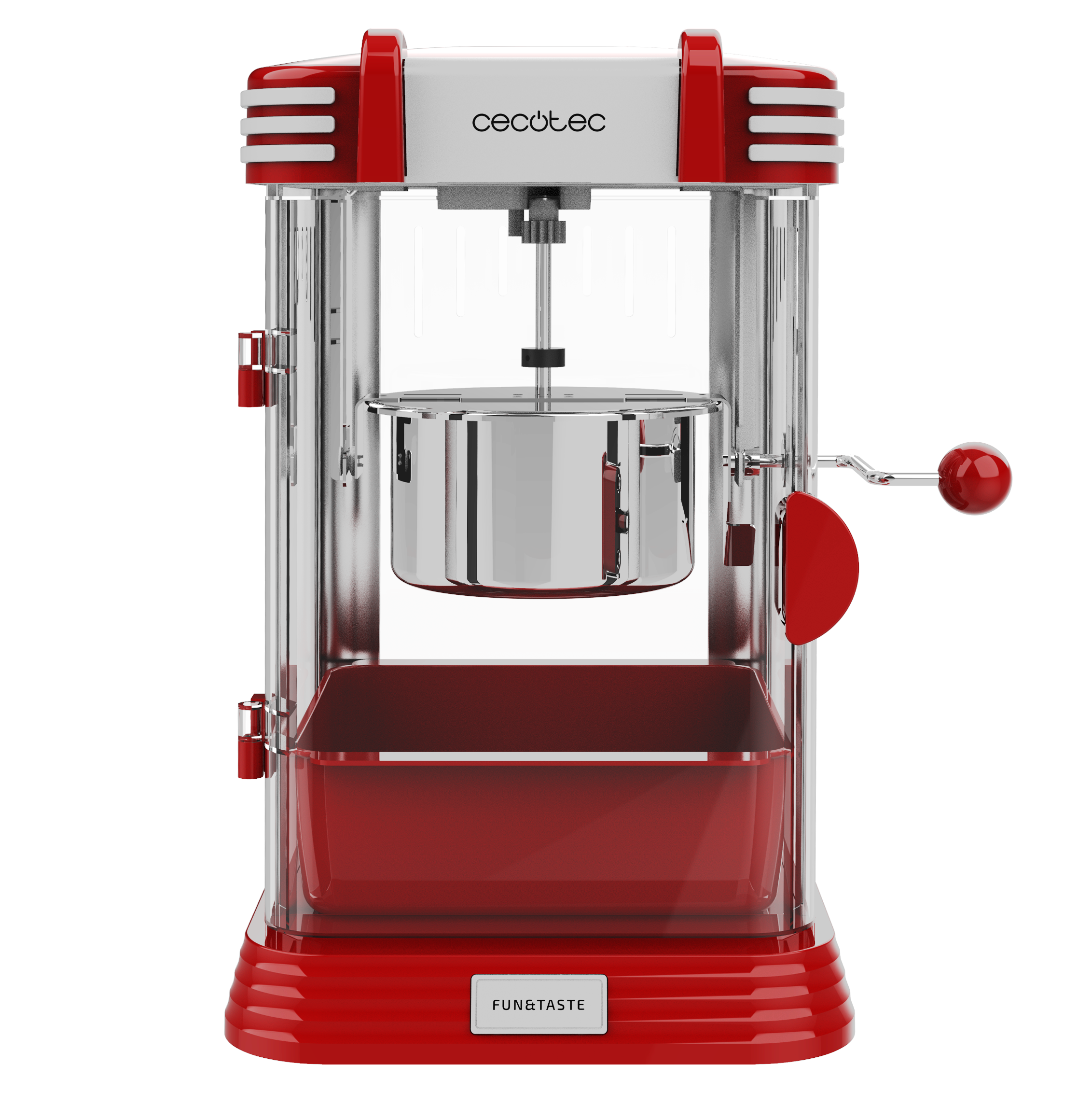 Una máquina de palomitas roja y transparente. Tiene una olla de acero inoxidable y una base roja.