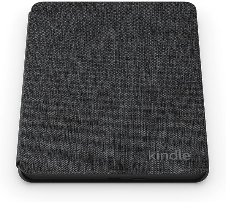 Una funda Kindle en un material de tela gris oscuro.