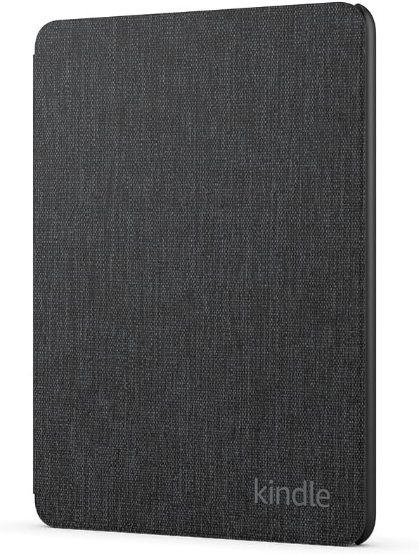 Funda Kindle negra, tela texturizada, logo Kindle. Fondo negro.