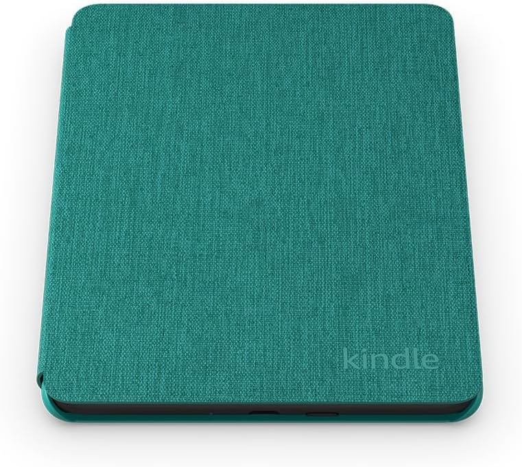 Funda Kindle de color turquesa. El logotipo de Kindle es visible en la esquina inferior derecha de la funda cerrada.