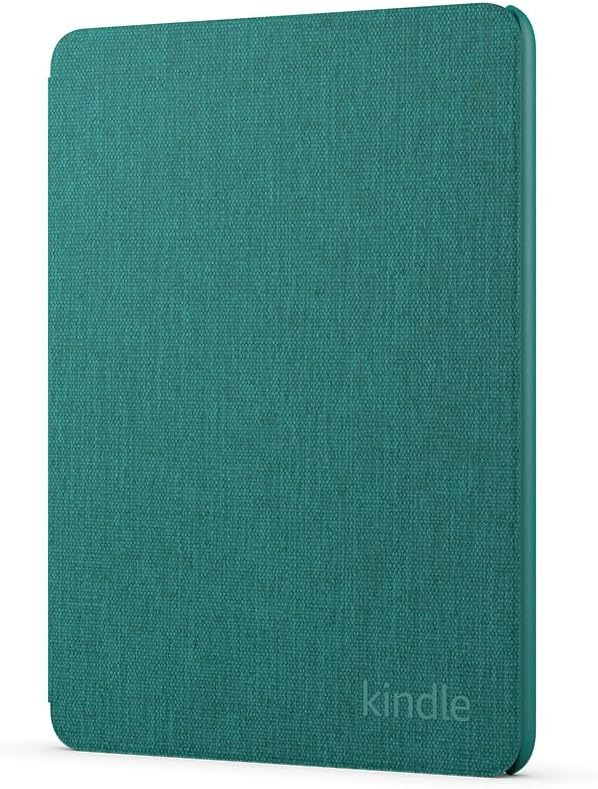 Funda Kindle verde azulado cerrada. La funda es rectangular y tiene textura de tela. Fondo blanco.