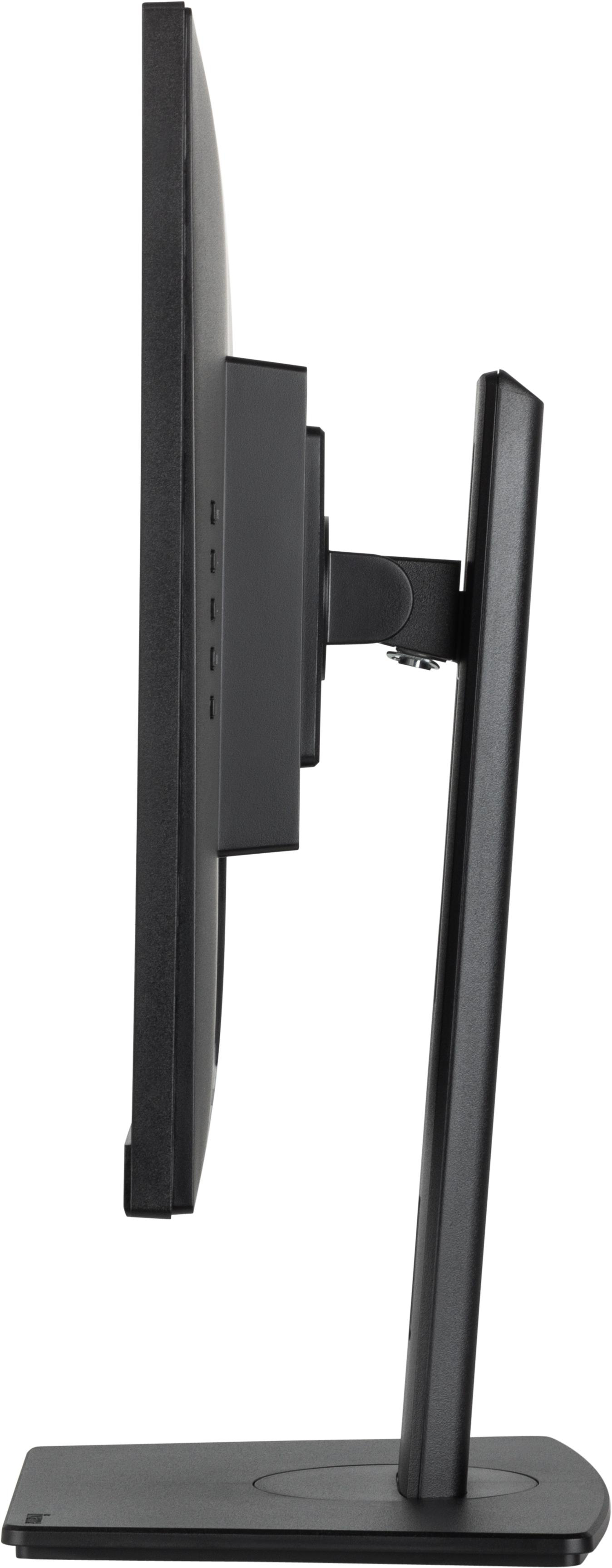 Seitenansicht eines schwarzen Computermonitors mit Ständer. Es ist ein schlankes, modernes Design.