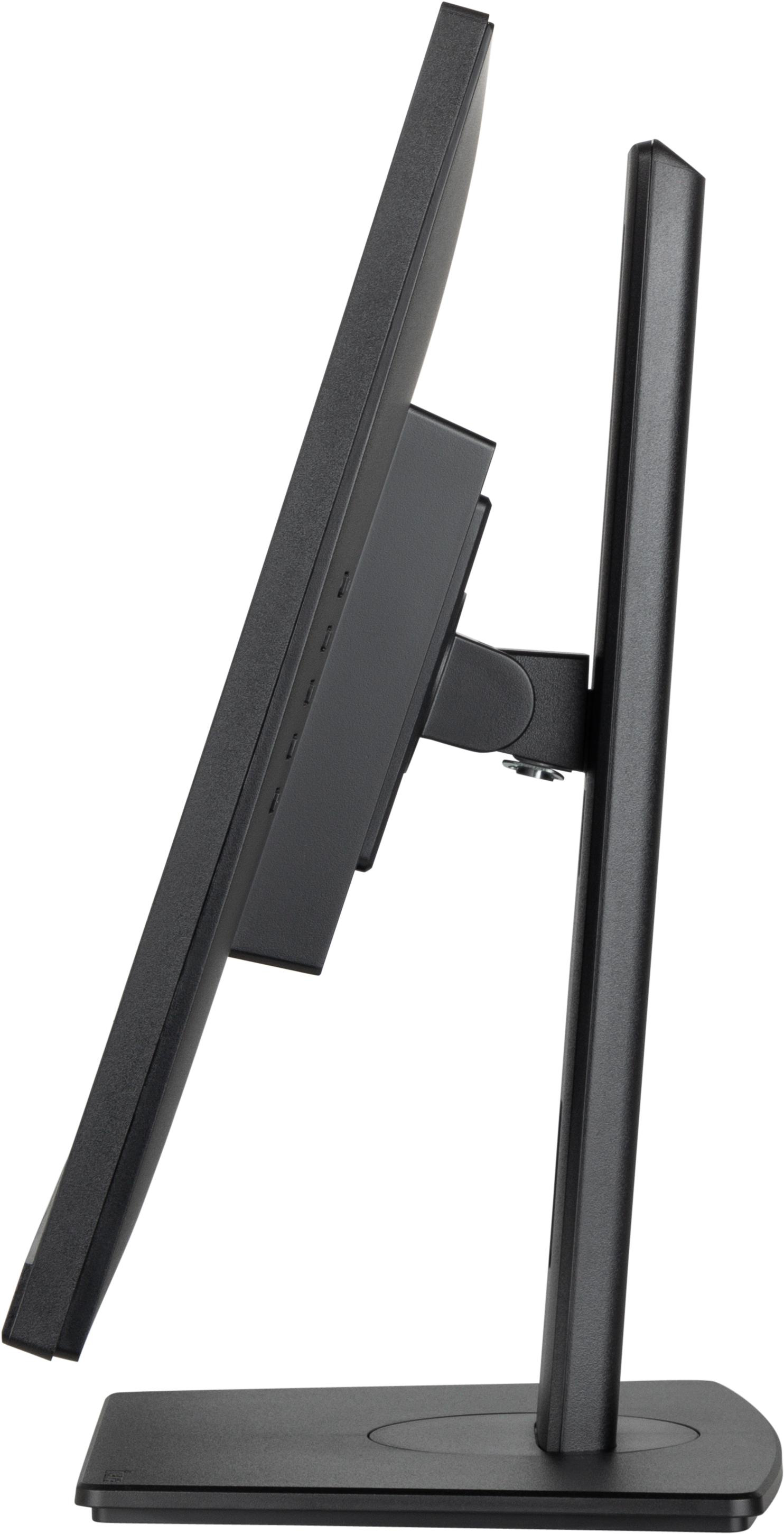 Seitenansicht eines schwarzen Computermonitors mit Ständer.