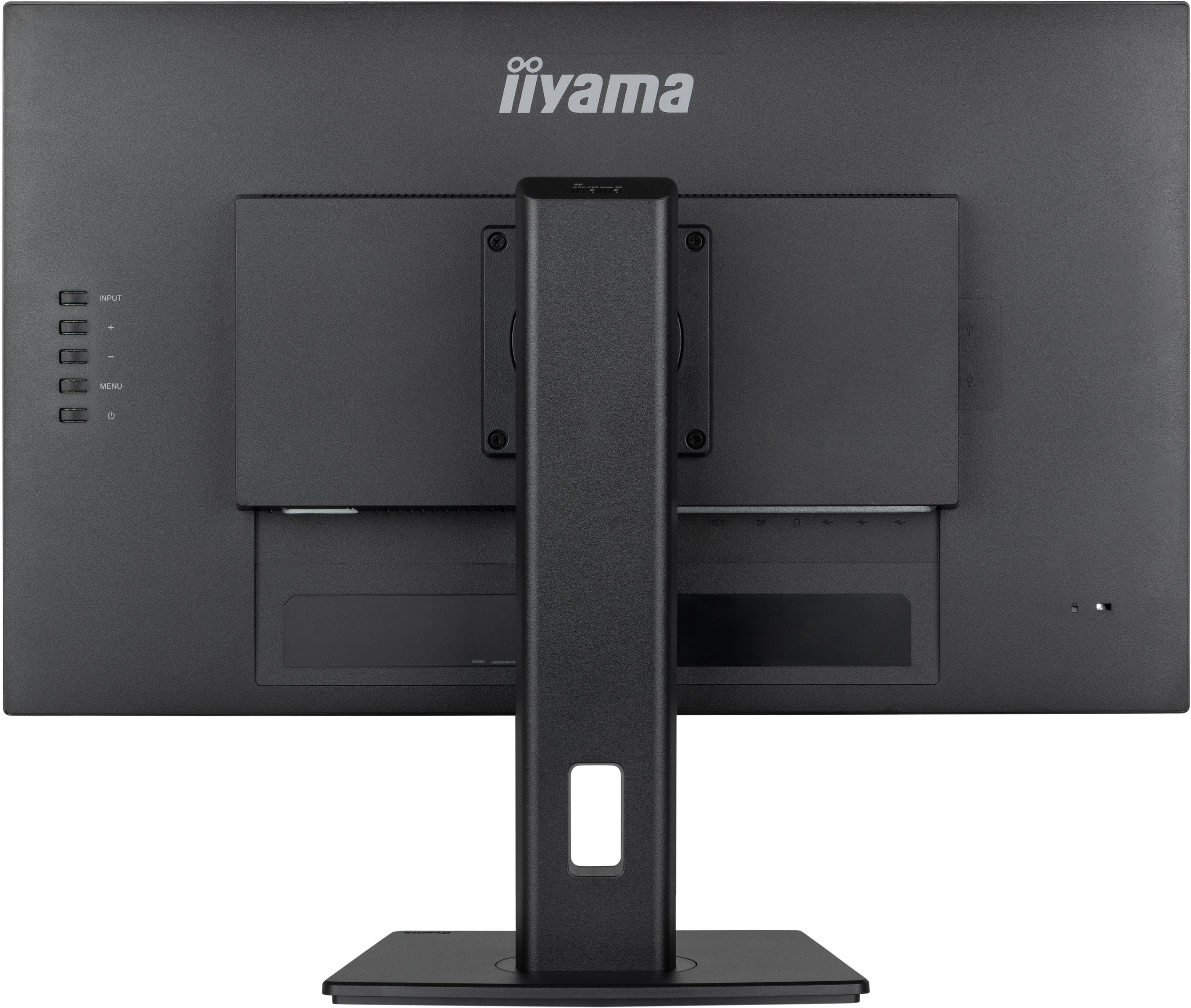 Die Rückseite eines schwarzen Computermonitors mit dem Markennamen 'iiyama' oben. Der Ständer ist schwarz.