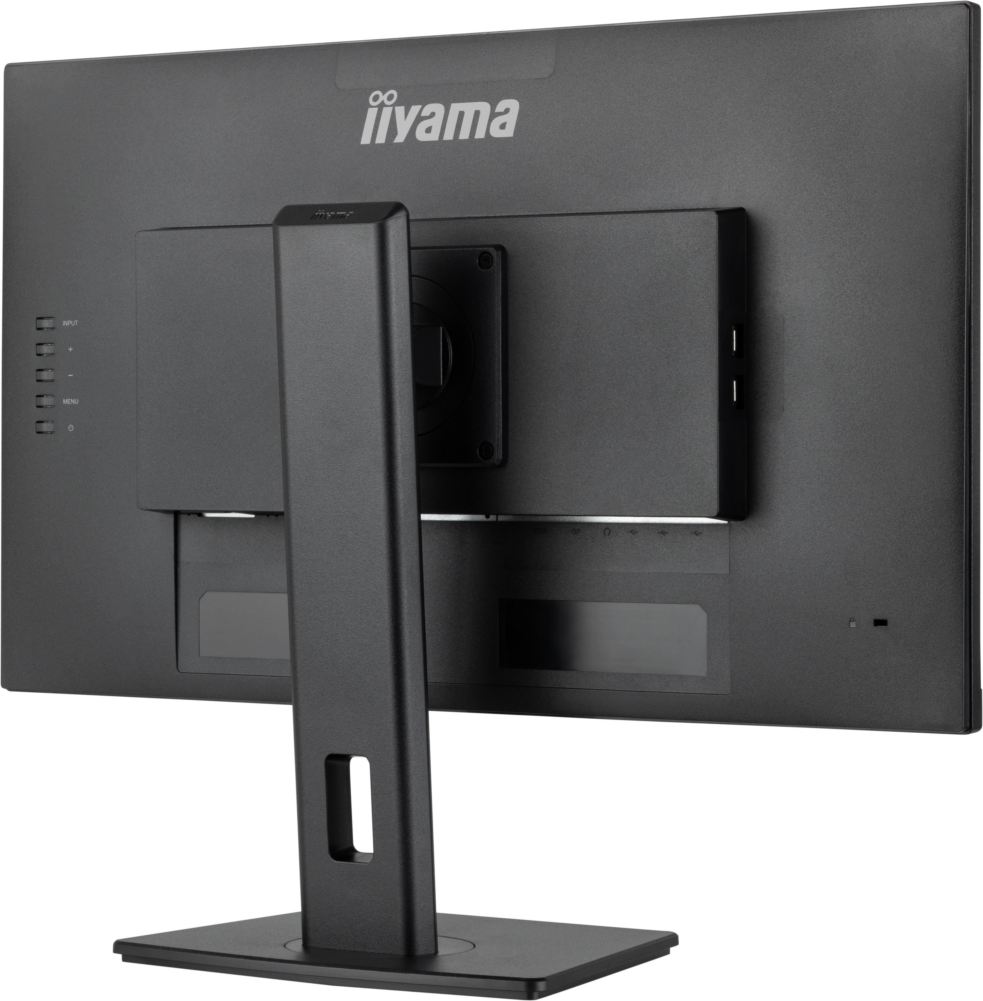 Rückseite eines schwarzen Computermonitors mit Eingängen und Ständer.