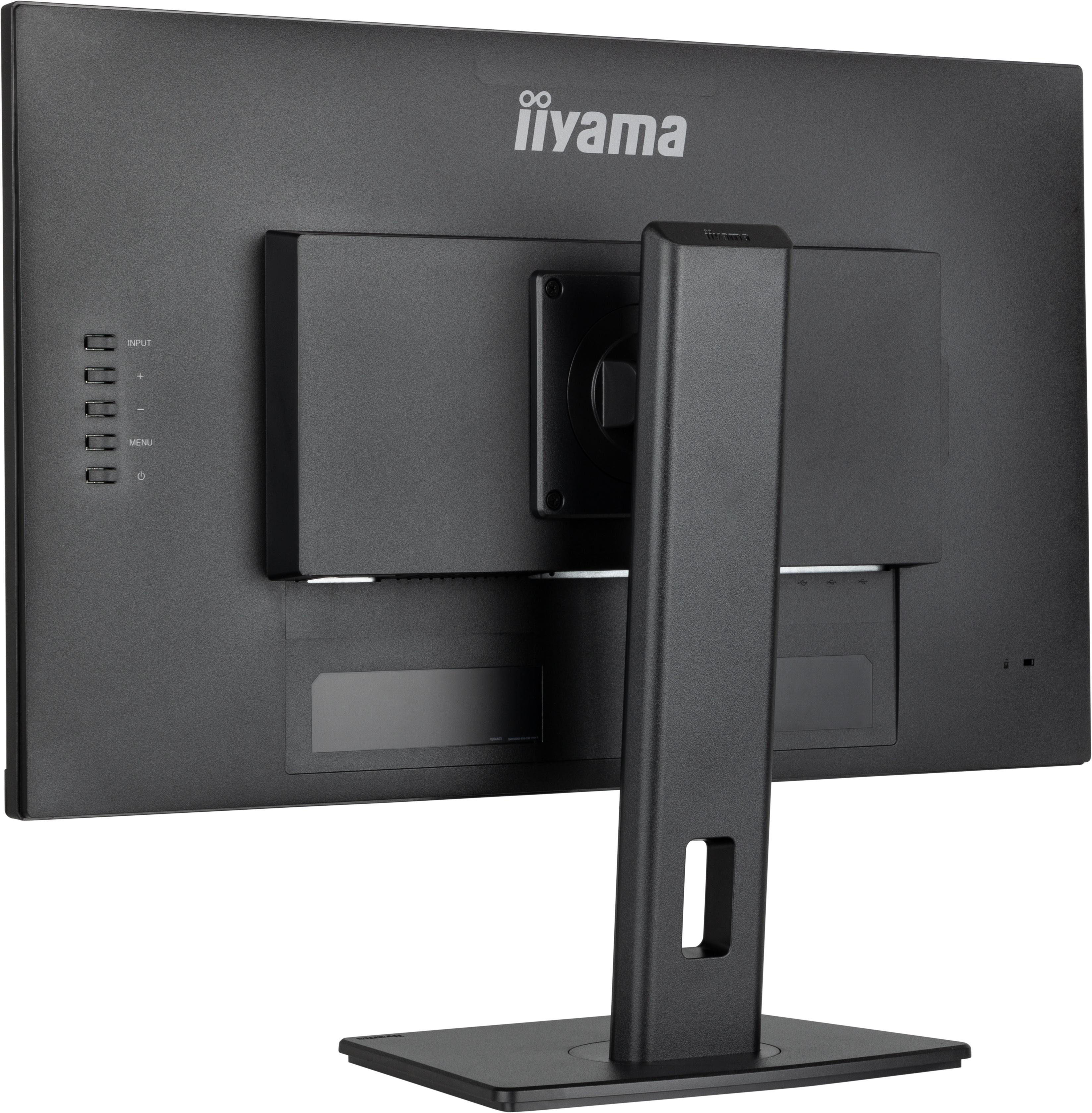 Die Rückseite eines schwarzen Computermonitors mit dem sichtbaren Markennamen 'iiyama'.