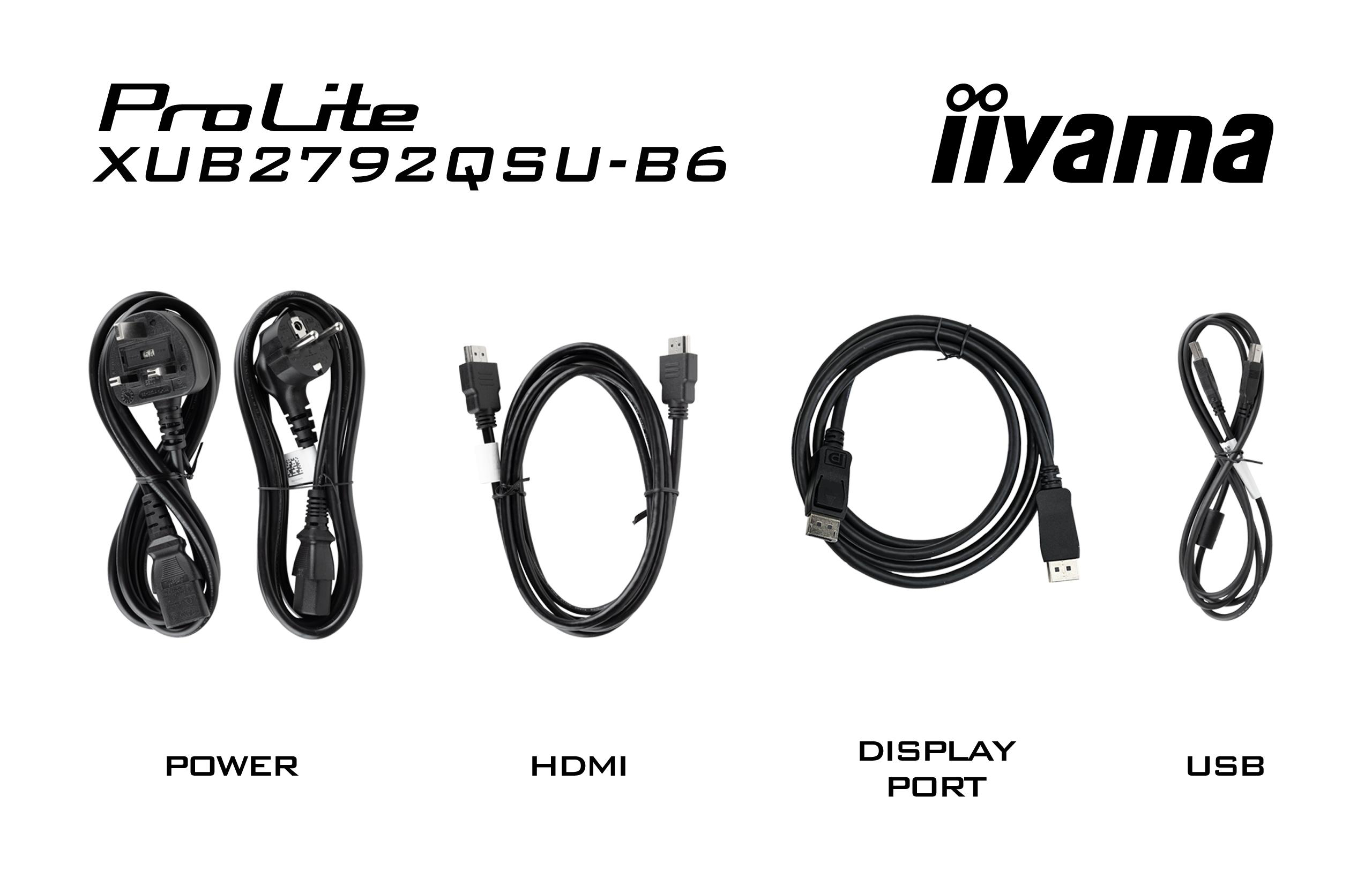 Verschiedene schwarze Netzkabel, HDMI-, DisplayPort- und USB-Kabel, angeordnet mit Textbeschriftungen.